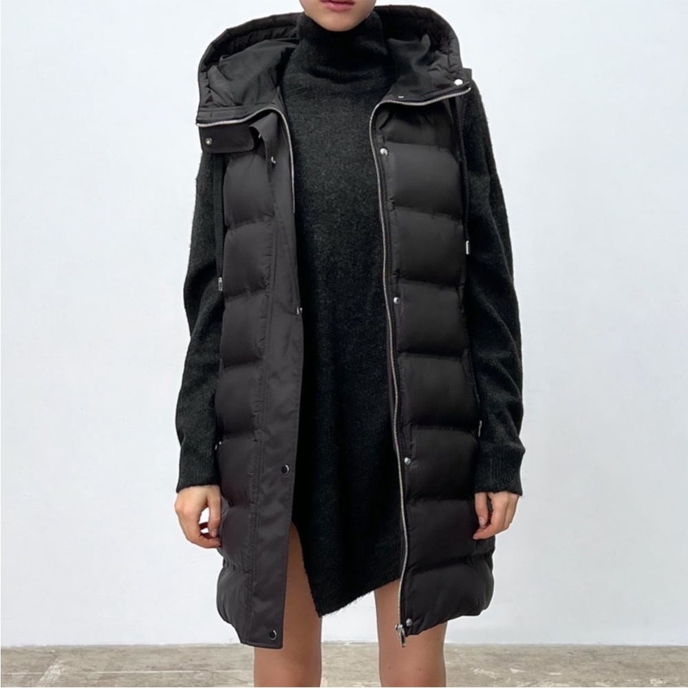 Zara Black Quilted Hooded Long Puffer Vest